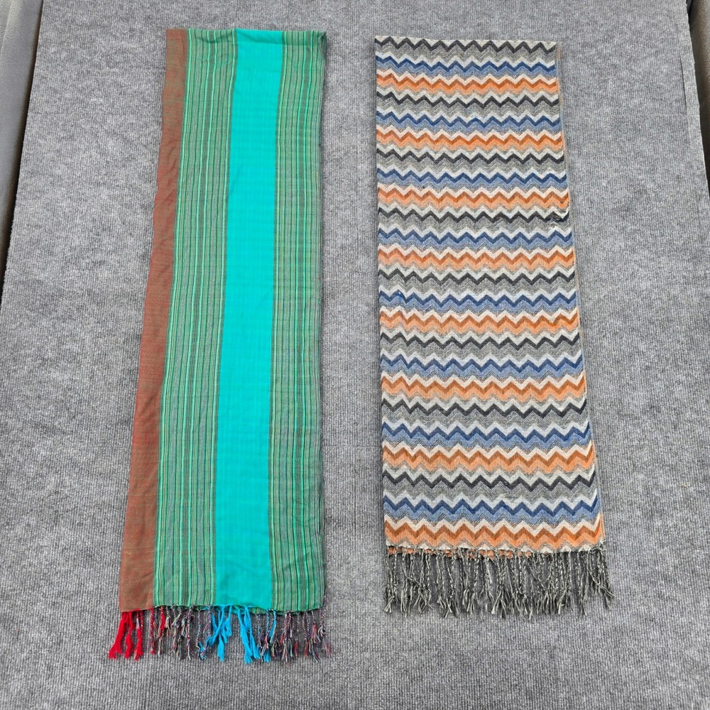 Lot of 2 Boho Scarf Set Green Turquoise Stripe & Blue Orange Chevron Zigzag